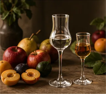 Birnen, Beeren und Kräuter neben vier Verkostungsgläsern als Vergleich von Obstbrand, Obstwasser, Geist und Likör