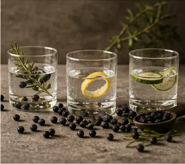 Wacholderbeeren, Zitrusschalen, Kräuter und Gin-Gläser zur Erklärung verschiedener Gin-Stile