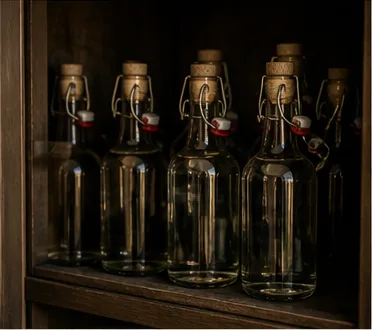 Aufrecht stehende Gin-, Rum- und Likörflaschen in einem dunklen Schrank ohne direkte Sonneneinstrahlung