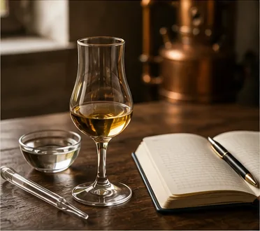 Tulpenförmiges Whiskyglas, Wasserglas und Verkostungsnotizen auf einem ruhigen Holztisch