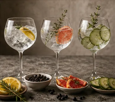 Drei Gin-Tonic-Gläser mit klassischem, trockenem und floralem Tonic sowie zurückhaltenden Garnituren
