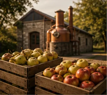 Geerntetes Obst in Kisten, Maischefass und Flaschen als Ablauf des Lohnbrennens bei einer Brennerei