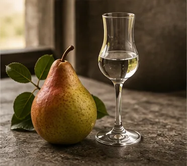 Williams-Christ-Birnen, ein klares Birnendestillat im Nosing-Glas und ein schlichtes Dessert-Pairing
