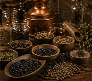 Botanicals, Probiergläser und Rezeptnotizen während der Entwicklung einer individuellen Gin-Rezeptur