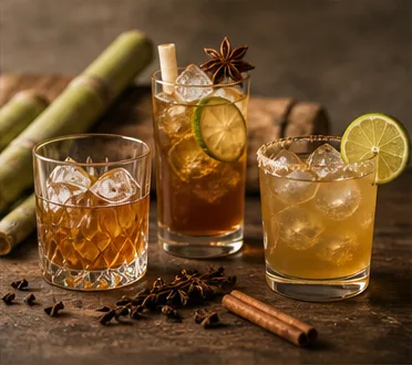 Drei Rumgläser mit klassischem Rum, Gewürzen und einer dezenten Salz-Assoziation im Stilvergleich
